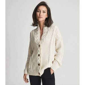 REISS Cream Summer Shawl Collar Cardigan Cashmere Wool Cable Knit Sweater M